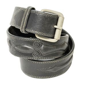 Leegin Classic Belt Mens 36 Western Black Leather w White Stitch Cowboy Emboss